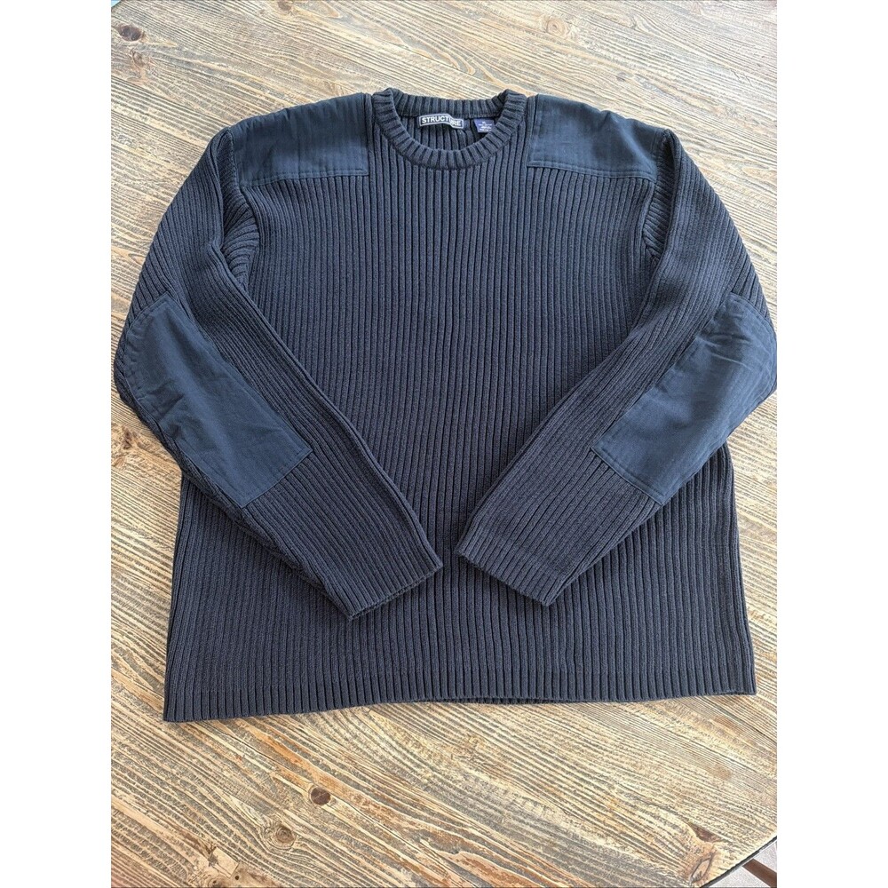 Vtg 90s Heavy Structure Ribbed Cotton Sweater Mens XL Navy Blue Shoulder Patch